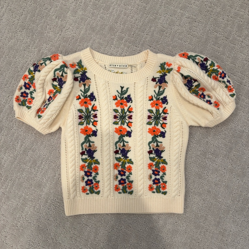 Alice + Olivia Daren Ivory Floral Embroidered Sweater